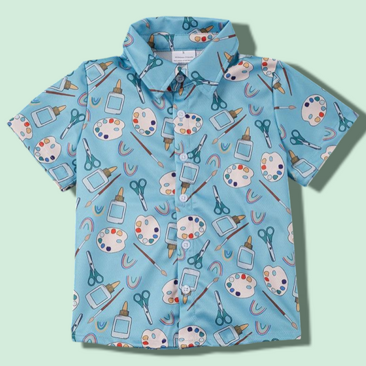 Boys button-up shirt with art supplies pattern in blue, made of polyester and spandex.