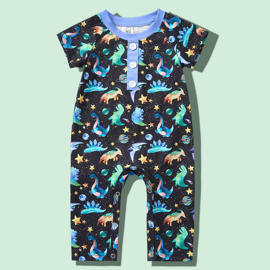 Space Dinos Boy Romper made of soft plush polyester and spandex fabric for boys