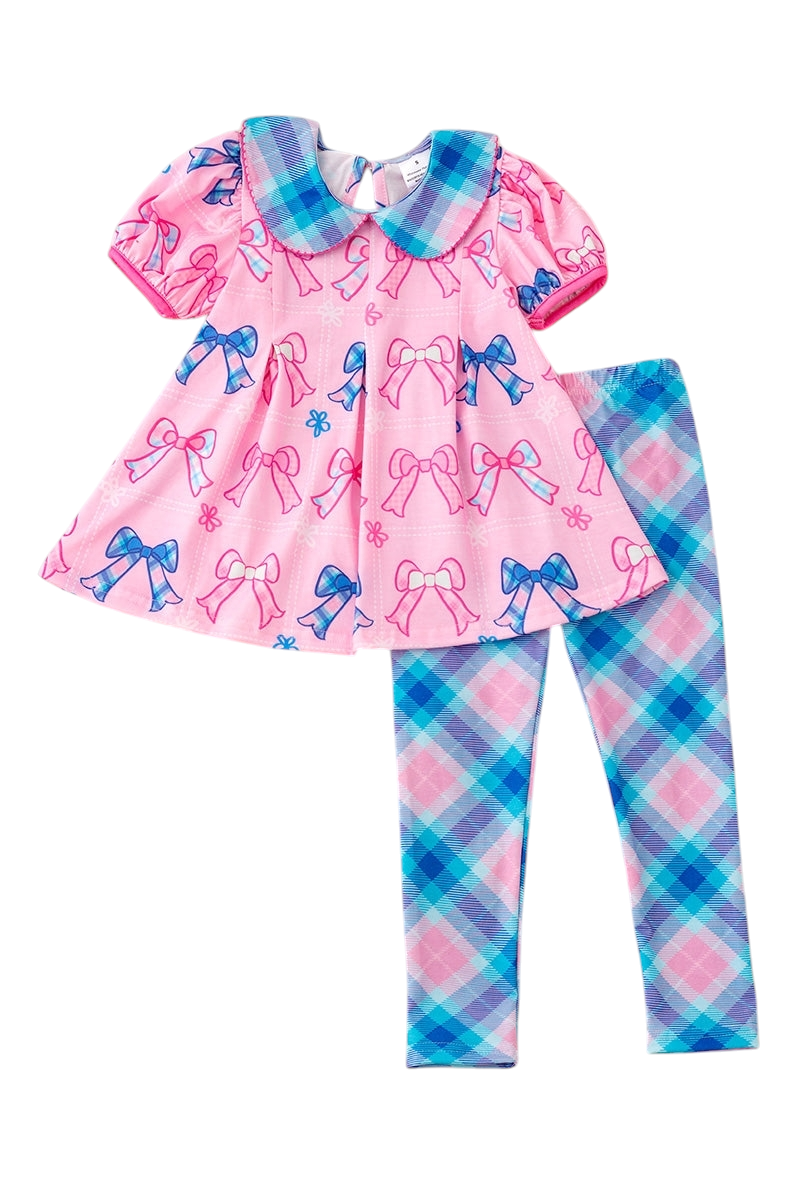 Coquette Bow Tunic with pink bow print and blue plaid leggings set for toddlers