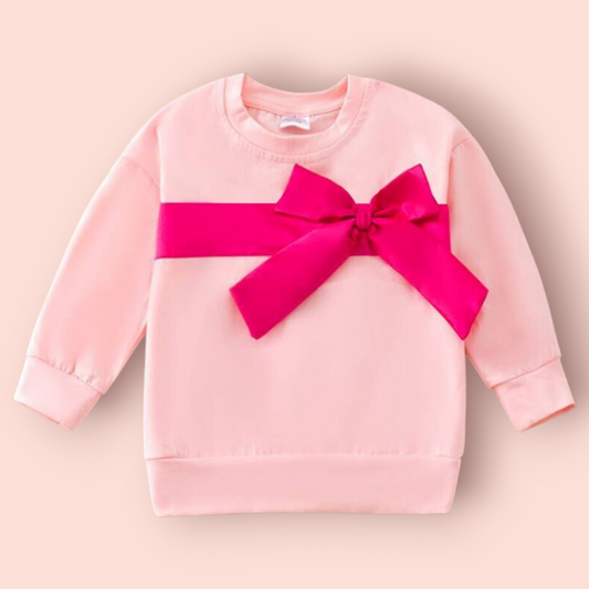 Light pink bow sweatshirt with fuchsia bow detail for casual wear