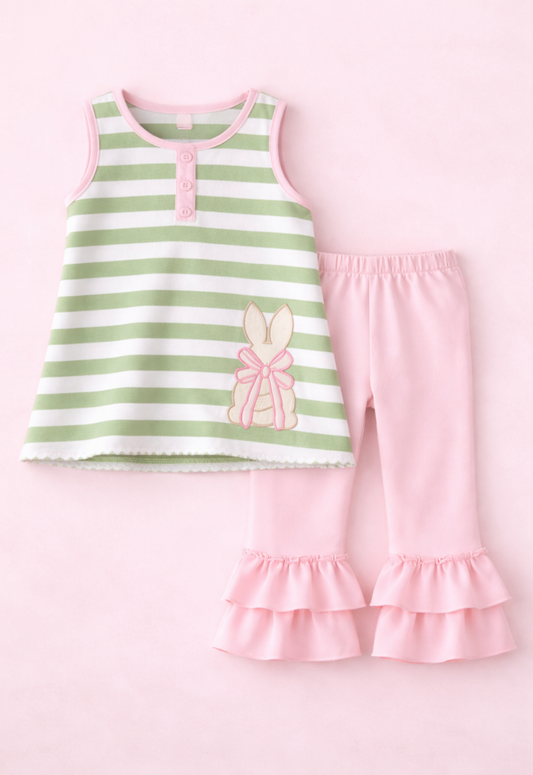 Green and white striped Easter Bunny Pant Set with pink ruffled bottoms for kids