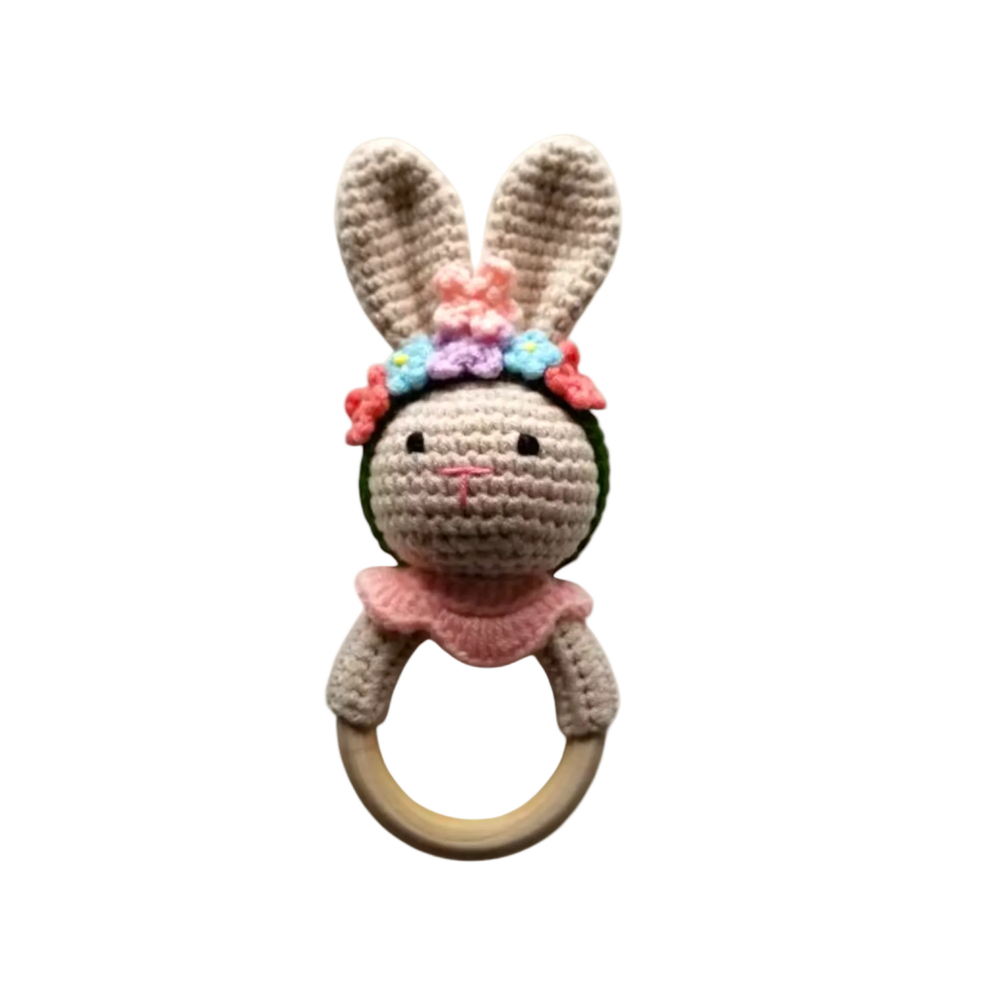 Crochet floral bunny rattle teether made of cotton and beechwood