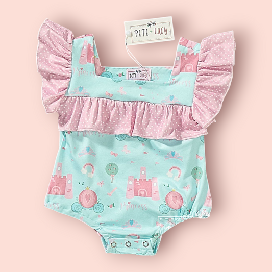 Princess Carriage Romper with ruffle accents, flutter sleeves, and castle print on a pastel color scheme.
