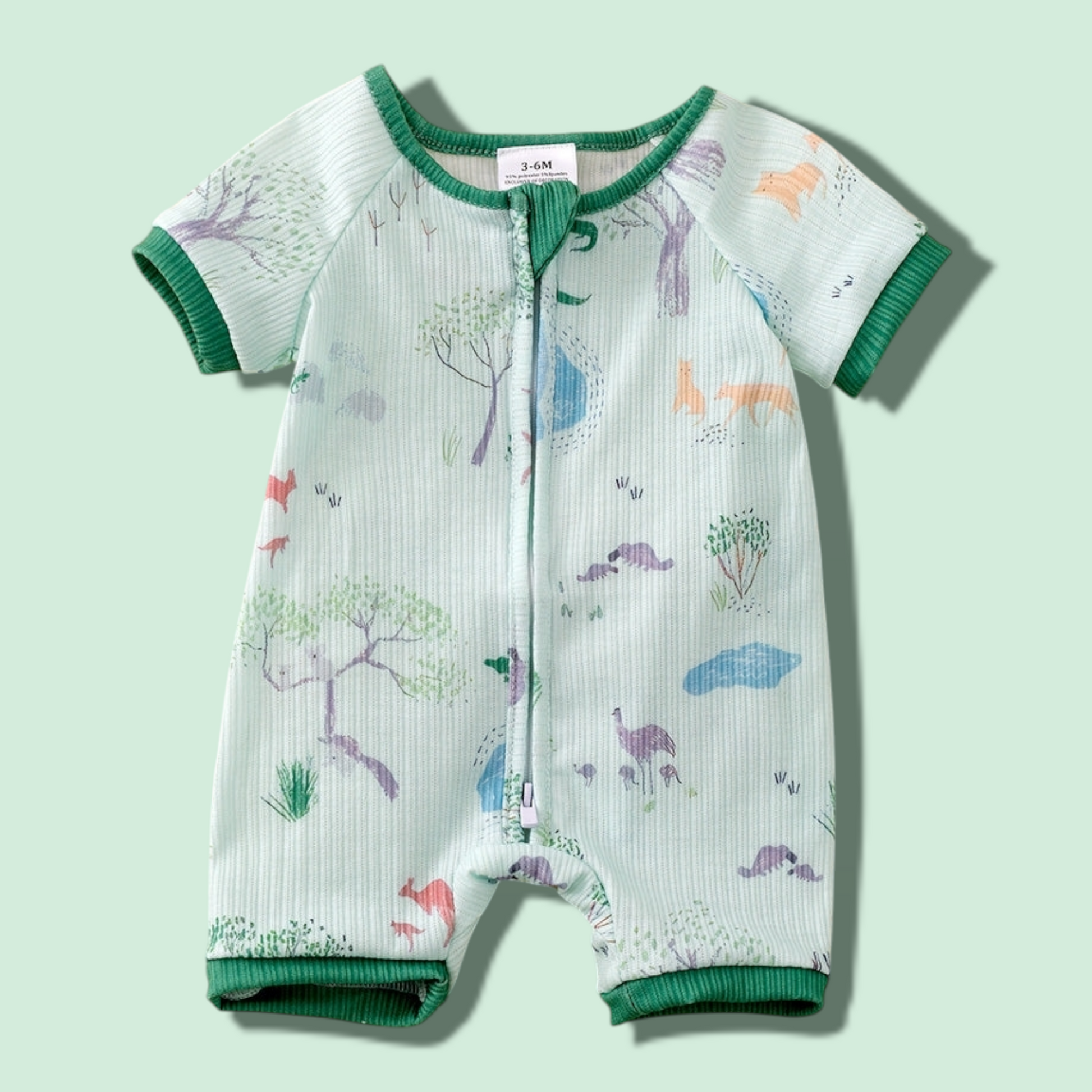 Adventure animal baby romper with zipper and jungle print for easy diaper changes