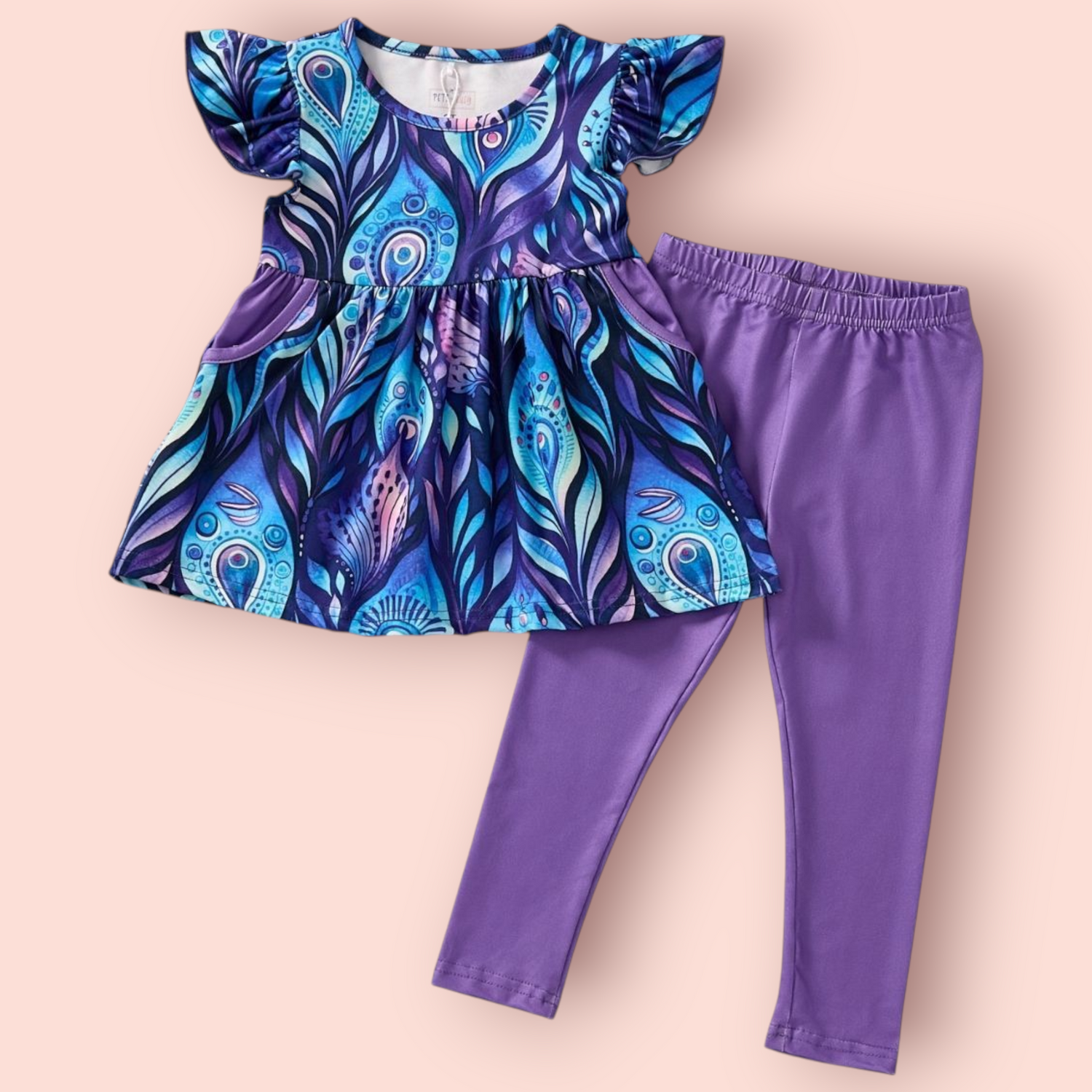 Majestic Plumes 2 Piece Set with blue and purple peacock feather print top and purple leggings for kids