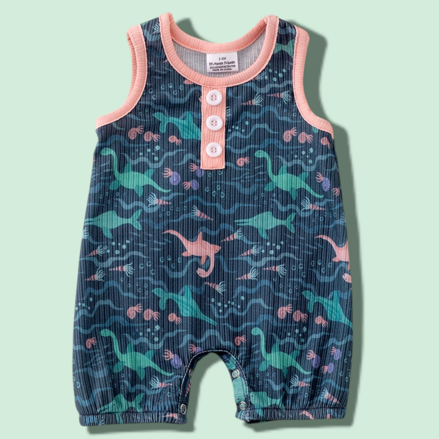 Unisex sea creature romper for babies with snaps, made of polyester and spandex, easy to dress and machine washable