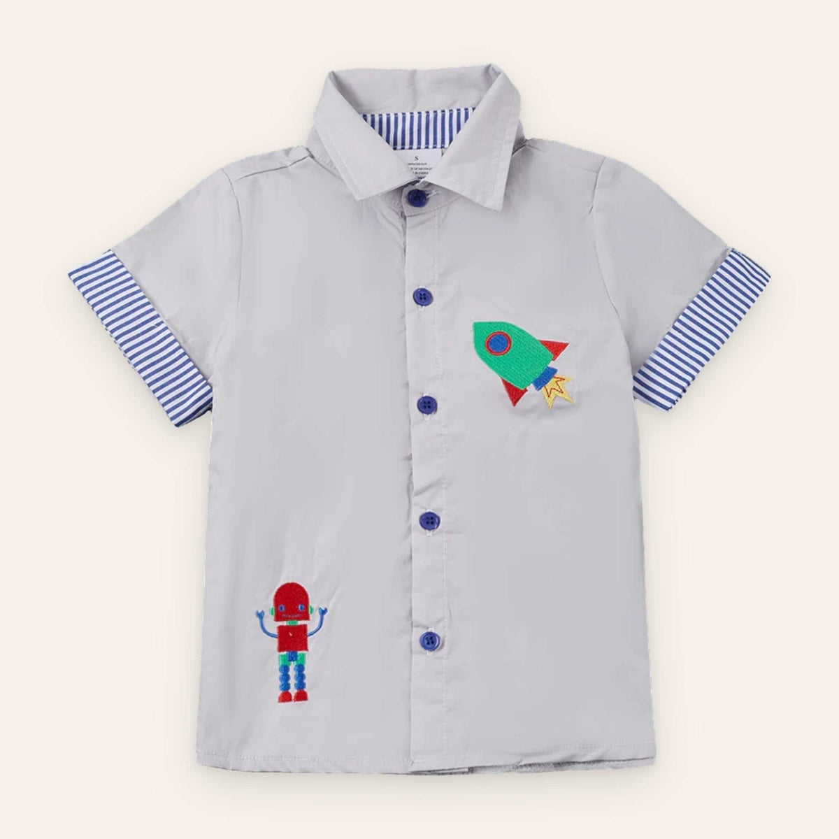 Rocket Robot Button Up Boys Shirt, 100% cotton with embroidered rocket and robot designs.