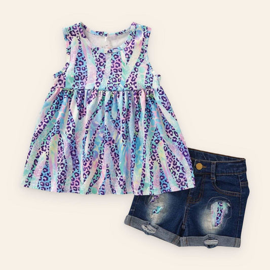 Safari Shimmer Denim Set with colorful animal print top and denim shorts.
