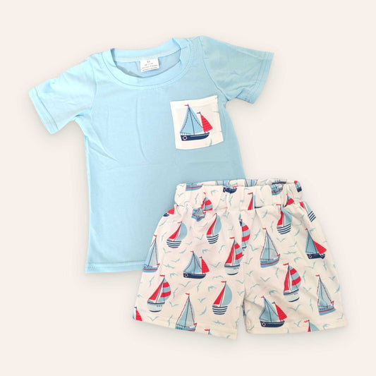 Light blue Sail Away Shorts Set with sailboat print; 95% cotton, 5% spandex; true to size fit.