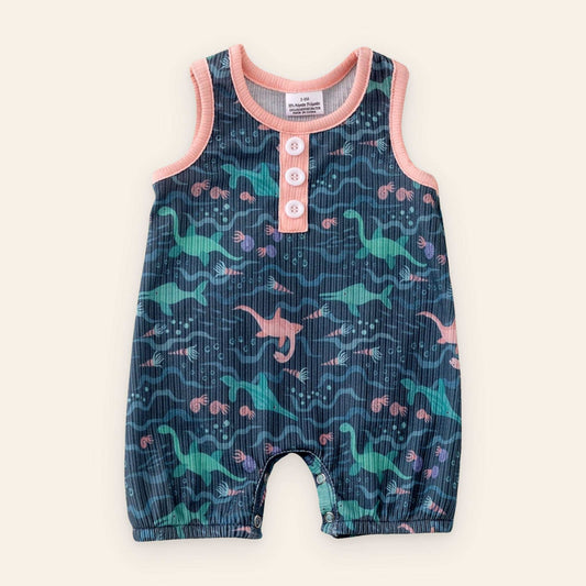 Unisex sea creature romper for babies with snaps, made of polyester and spandex, easy to dress and machine washable