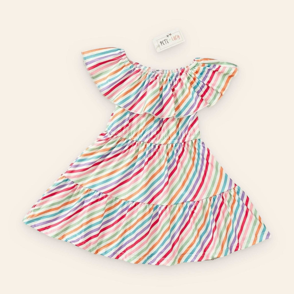Simple stripe dress with colorful pattern and flared design, made from P-Lush fabric.