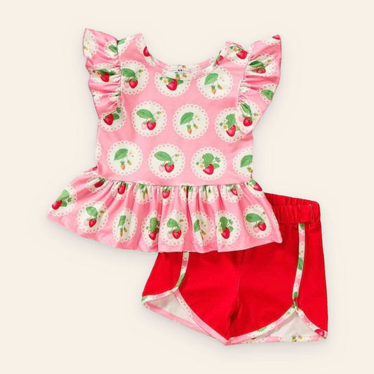 Summer Strawberry 2 Piece Set with ruffled sleeves and shorts.
