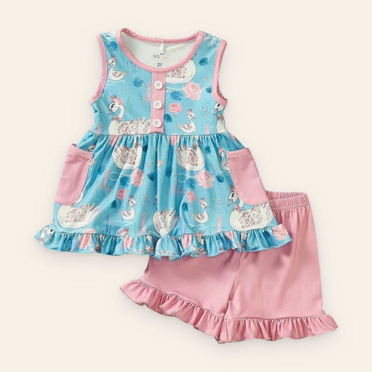 Swan Song 2 Piece Set in blue and pink with swan and floral pattern, made from P+Lush material.
