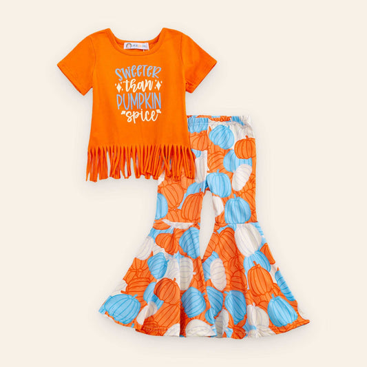 Orange fringe top with "Sweeter than Pumpkin Spice" text and bell-bottom pumpkin print pants fall outfit set