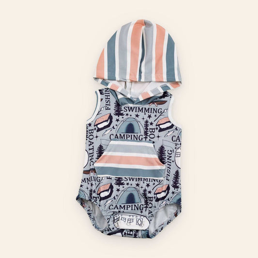 Gray baby one piece with hoodie featuring swimming, camping, and boating design.