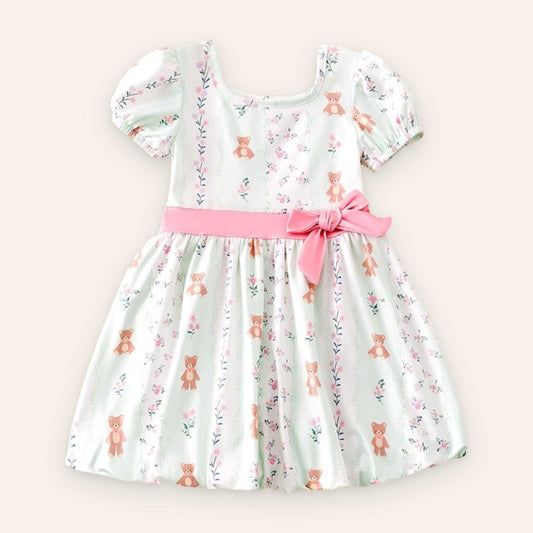 Teddy Bear Bubble Sleeve Dress with playful prints and side bow detail