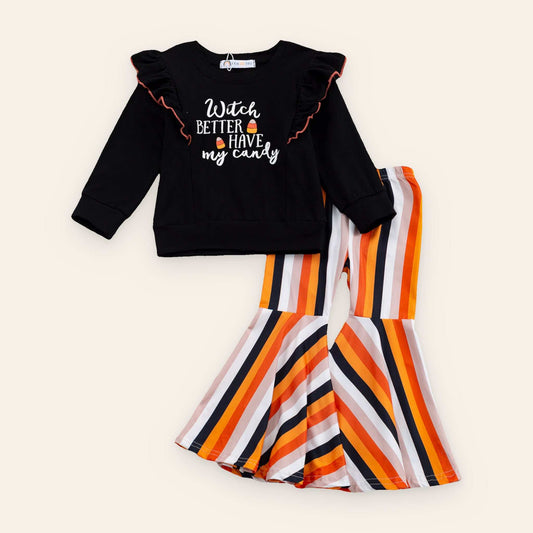 Toddler Halloween outfit with black "Witch Better Have My Candy" top and colorful striped bell bottom pants