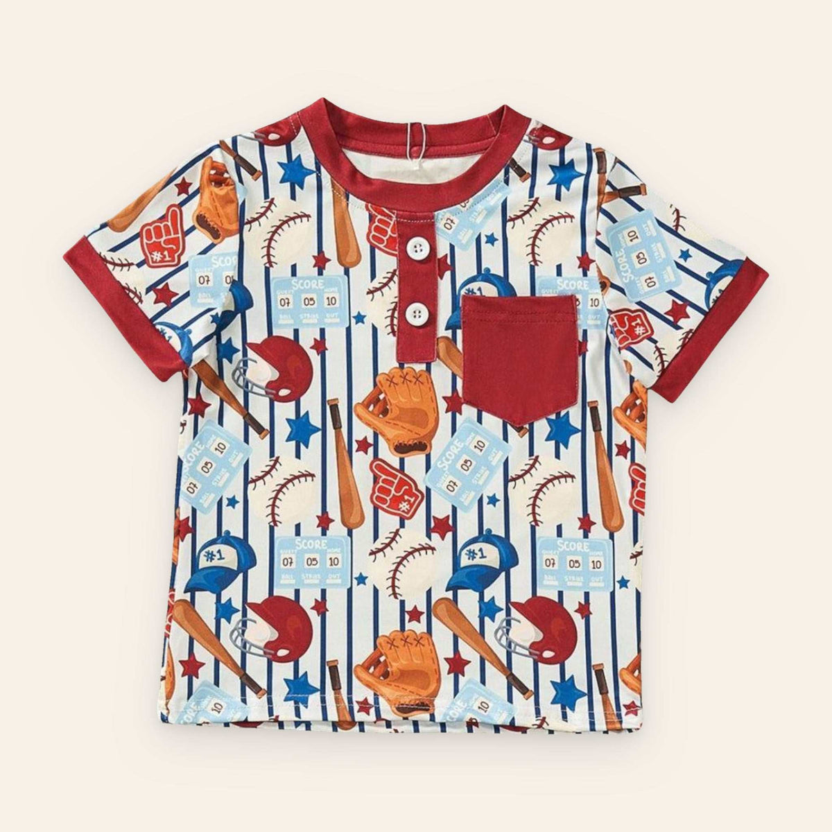 Vintage baseball-themed boy's raglan top with long sleeves and crew neck.