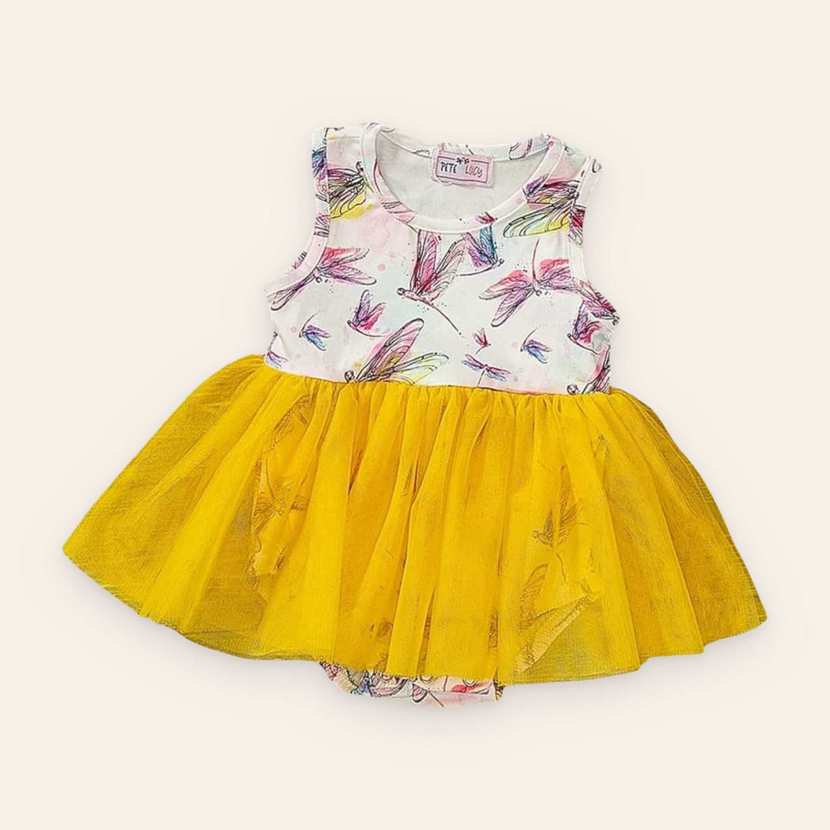 Watercolor dragonflies tulle romper with yellow skirt and sleeveless white bodice.